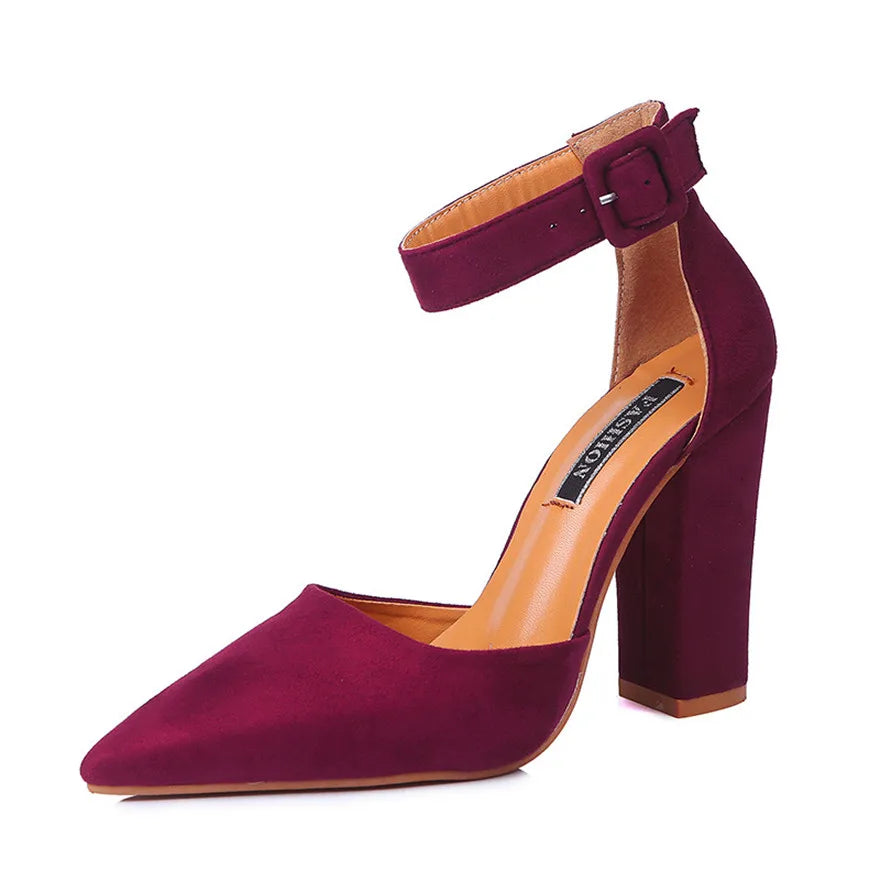 Ankle Belt Buckle Sexy Women Sandals Thick Heel Summer Shoes Pink Black Flock Pointed Toe Female High Heels Party Wedding Pumps
