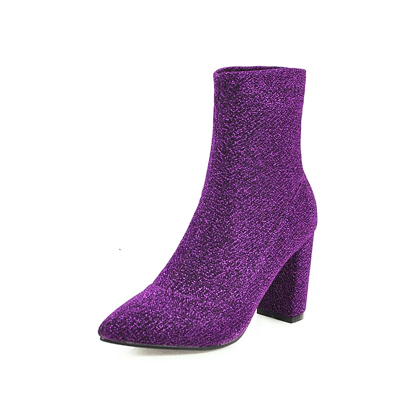 Kcenid Neue Bling Mode Schuhe Frauen Spitzschuh Snkle Sock Stiefel High Heels Schuhe Herbst Winter Weibliche Stretch Stiefel Lila