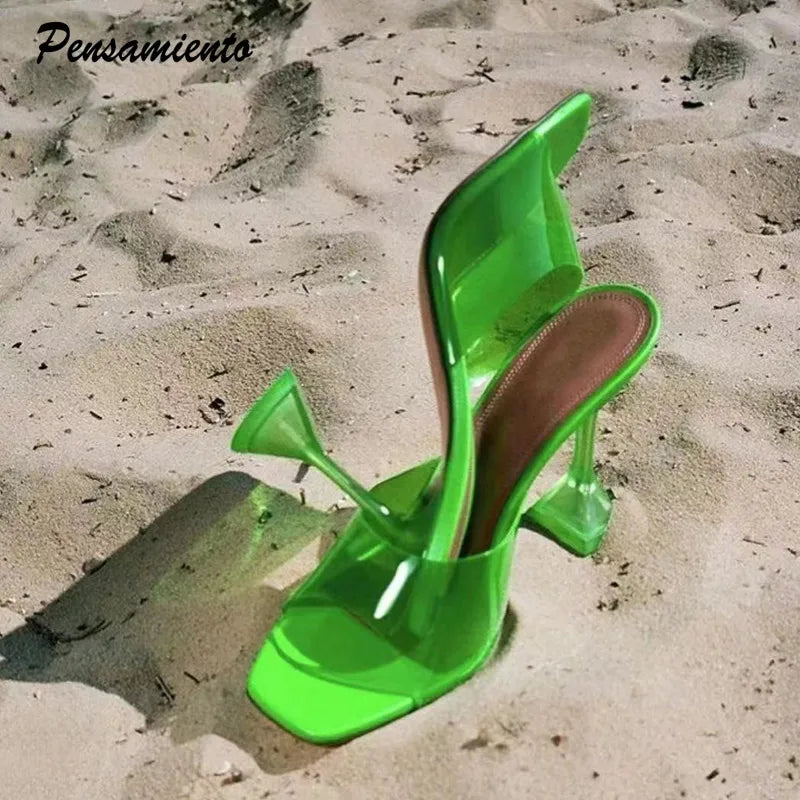 Stern stil Transparent PVC Frauen Hausschuhe Fashion Square toe Tasse absatz Sommer Weibliche Maultiere Folien High heels Sandalen Schuhe