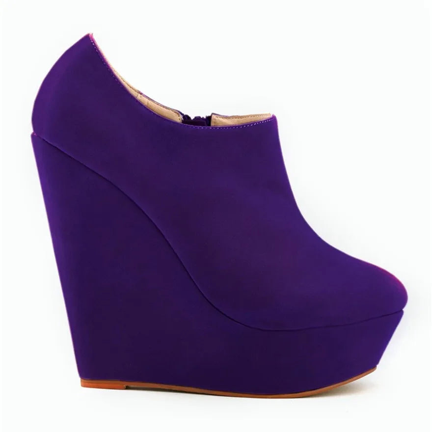Classic Autumn Short Boots Women Star Style Solid Flock Platform Wedges Boots High Heels 14cm Female Fashion Office Boots Zipper