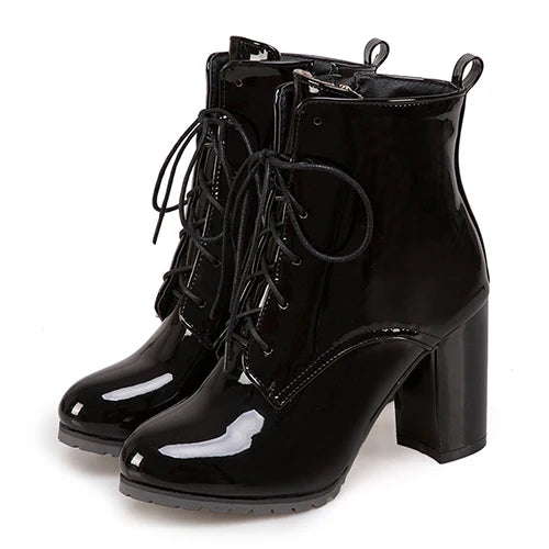 Gdgydh Big Size 48 Patent Leather Boots For Women Lace up High Heels Shoes Spring Autumn Black Footwear Female Ankle Boots Zip