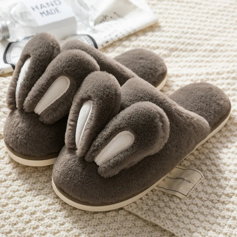 comemore 2021 New Women's Cotton Slippers Female Cute Cartoon Bunny Rabbit Ears Couple Plush Male Winter Home House Shoes Pink