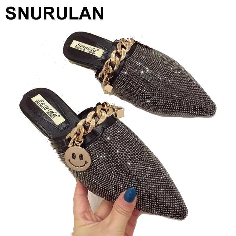 SNURULANPantoufles à bout pointu pour femmes, été, nouvelle mode, strass, sandales plates paresseuses, mules décontractées, glissières en chaîne métallique