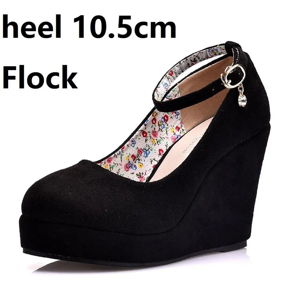Crystal Queen High Heels Platform Wedge Female Pumps Women's Flock Buckle Bowtie Ankle Strap Wedding Shoes Round Toe White