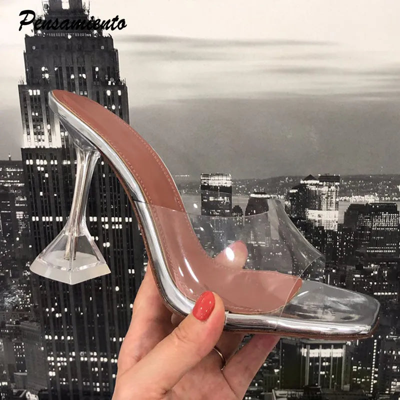Stern stil Transparent PVC Frauen Hausschuhe Fashion Square toe Tasse absatz Sommer Weibliche Maultiere Folien High heels Sandalen Schuhe