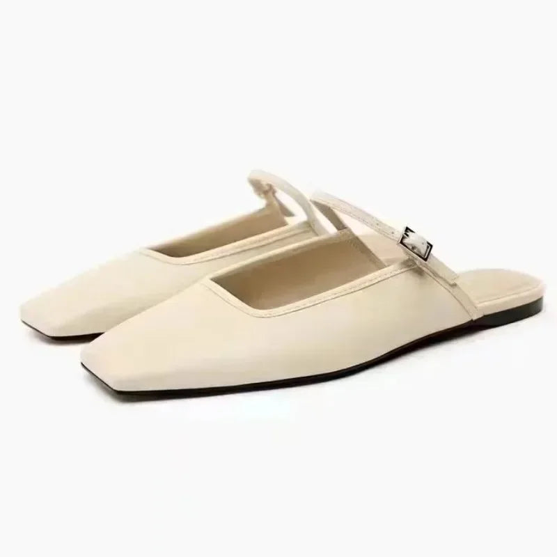 New Women Flats 2025 Square Toe Buckle Strap Breathable Mules Satin Leisure Slingbacks Chic Fashion Designer Shoes for Ladies