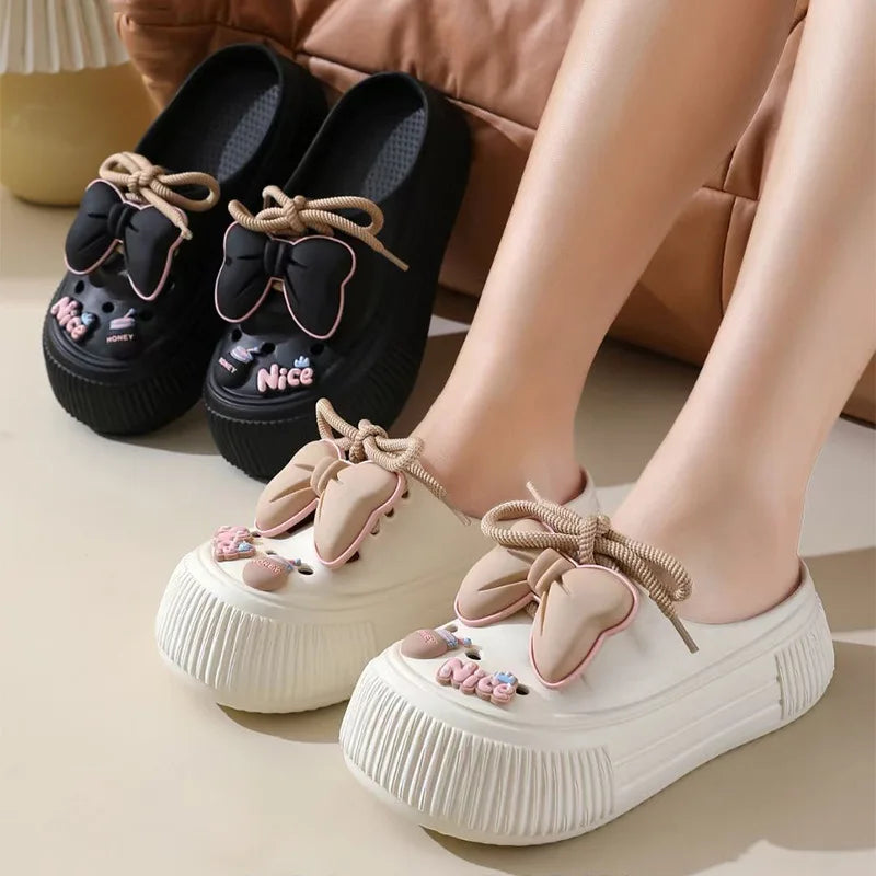 Chaussures d'été pour femmes avec nœud mignon, semelle épaisse, antidérapantes, pantoufles Baotou pour femmes, pour la maison, l'extérieur et le jardin