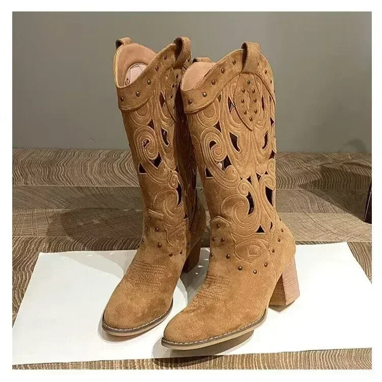 Women Mid-Calf Western Boots Heels Embroidery Hollow Cowboy Boots for Women Autumn Winter Fashion PU Leather Botas Mujer 2024