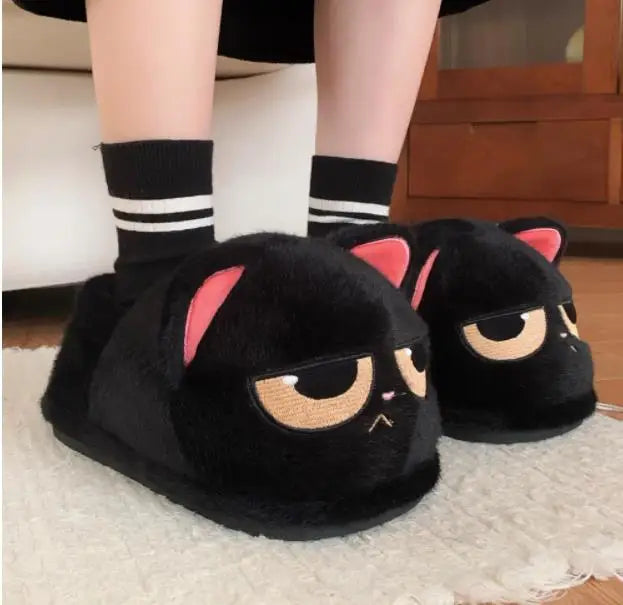 Cute Black Cat Cotton Home Slippers For Men And Women 2024 Winter Cute And Anti Slip Warm Indoor Household Slippers For Couple