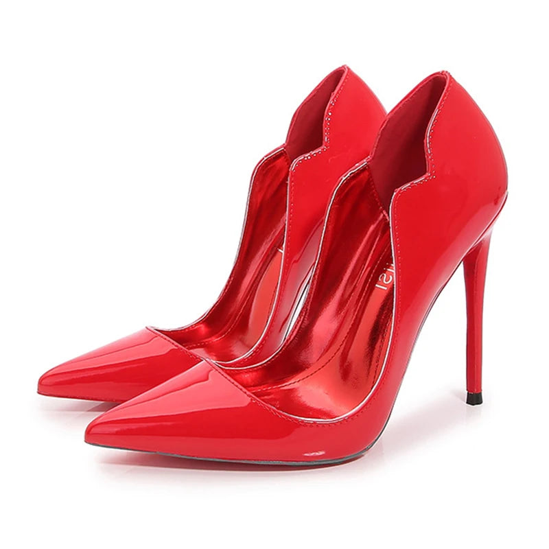 Newly Women Sexy Elegant Pumps Stilettos Glossy Patent Side V Cut High Heels Pointed Toe Party Curl Cut Celebrity Shoes Size46