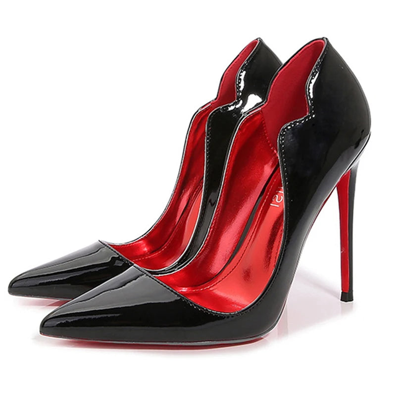 Newly Women Sexy Elegant Pumps Stilettos Glossy Patent Side V Cut High Heels Pointed Toe Party Curl Cut Celebrity Shoes Size46