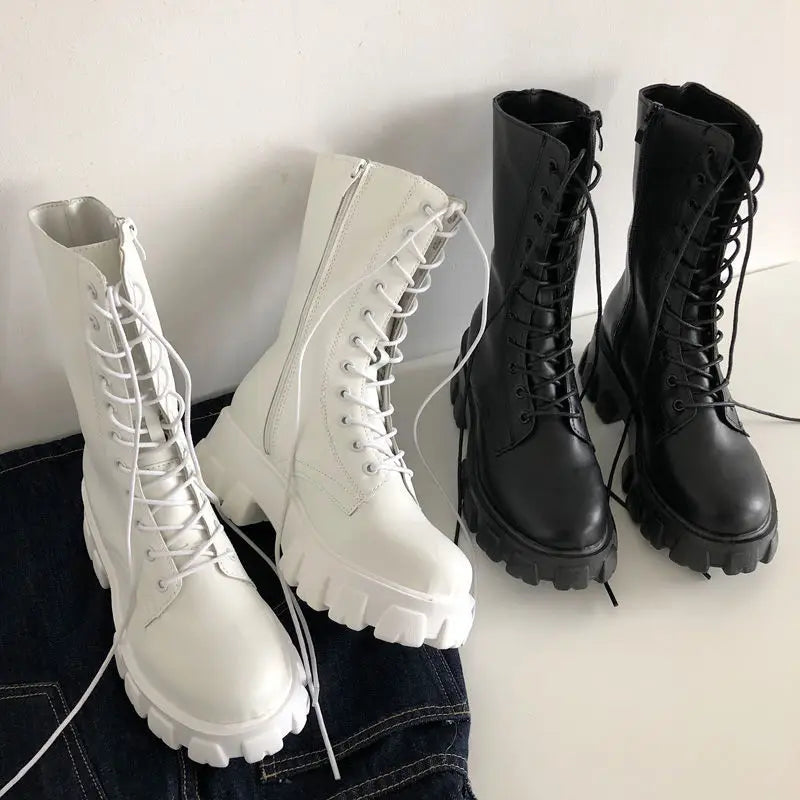 Neue Wadenstiefel Damen Herbst Winter Fashion Lace-up Damen Chelsea Zipper Botas Mujer Stiefel Sport Plateauabsatz Damenschuhe