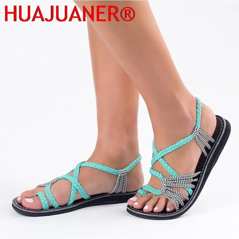 Rome Weaving Women Sandals Open Toe Flats Casual Shoes Summer New Ladies Beach Rope Knot Girls Big Size 35-43