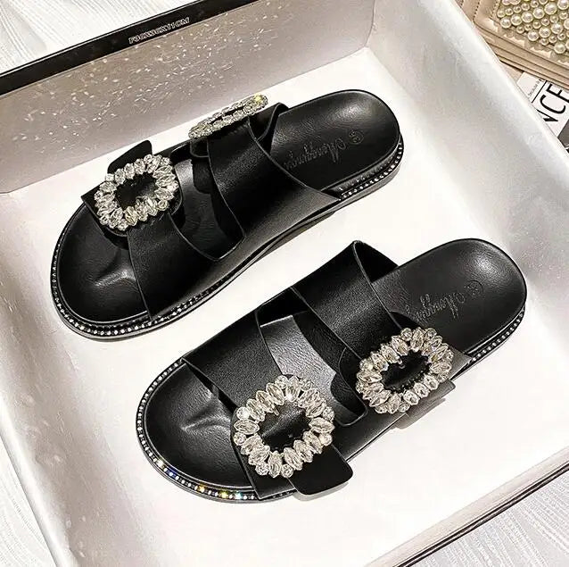 2023 Strass Kristall Schnalle Hausschuhe Frauen Marke Design Kristall Doppel Flip-Flops weibliche Plattform Slides Sandalen große Größe 43