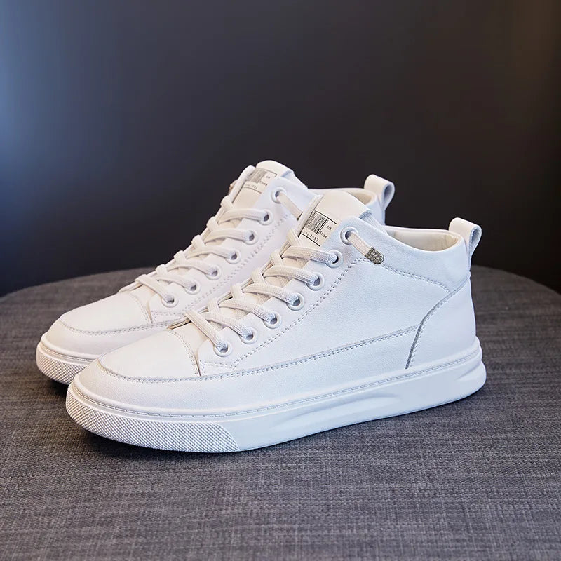 Comemore Spring High Top Spring Vulcanized Flat Shoes Female Fashion Ladies Sports Casual White Genuine Leather Women Sneakers