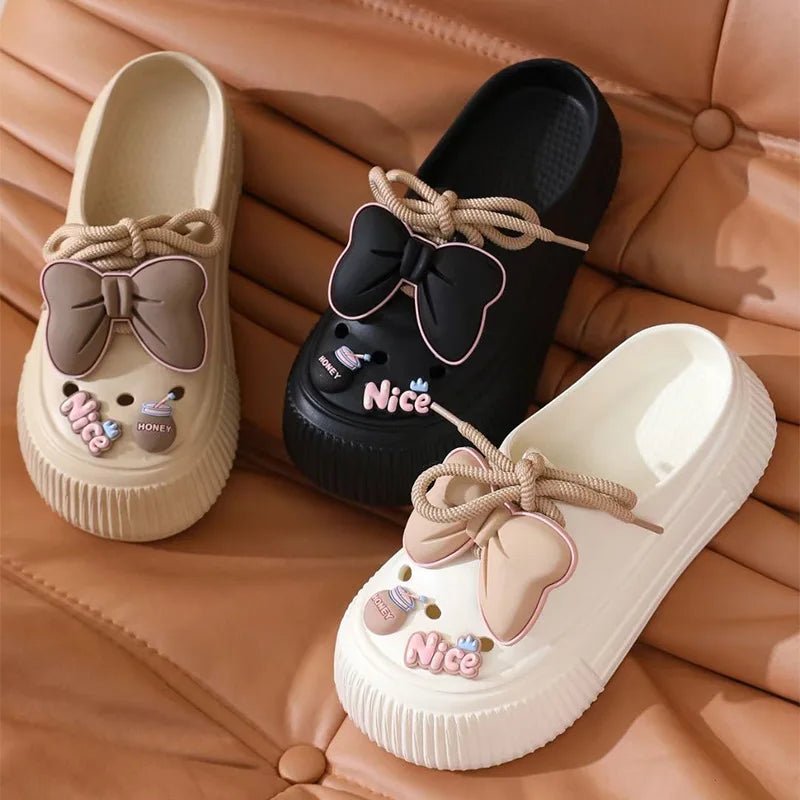 Chaussures d'été pour femmes avec nœud mignon, semelle épaisse, antidérapantes, pantoufles Baotou pour femmes, pour la maison, l'extérieur et le jardin