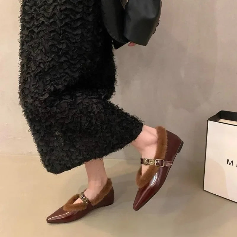 Fur Pointed Toe Women Sexy Chelsea Boots Elegant Ankle Flats Warm Winter Shoes 2024 New Designer Style Fashion Female Footwear