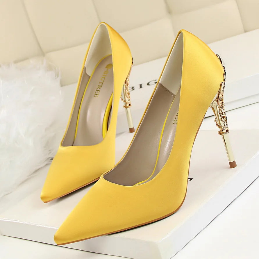 Woman 10cm High Heels Metal Heels Satin Silk Dress Fashion Pumps Lady Wedding Bridal Scarpin Catwalk Orange Green Wine Red Shoes
