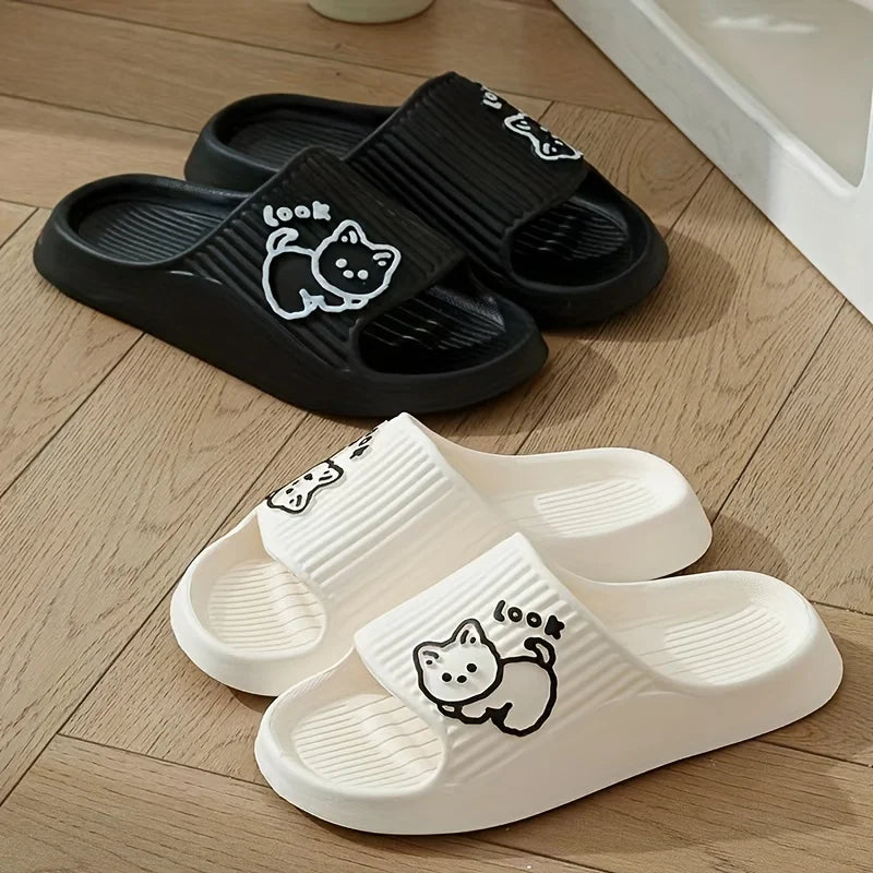 Mode Sommer Damen Hausschuhe Chic Cartoon Kawaii Katze Print Slides Slip-on Badezimmer EVA Flache Ferse Indoor Süße Schuhe