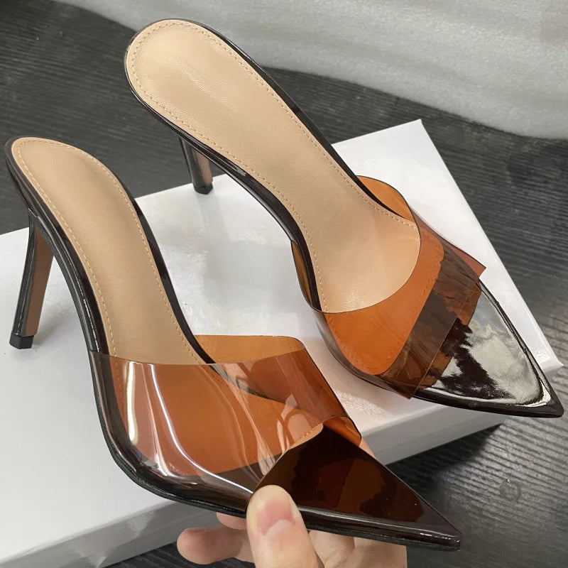 Neue Sommer-Sandalen für Damen mit hohen Absätzen, einfache, transparente Hausschuhe mit hohen Absätzen, Stiletto-Spitze, offene Hausschuhe, Pantoletten