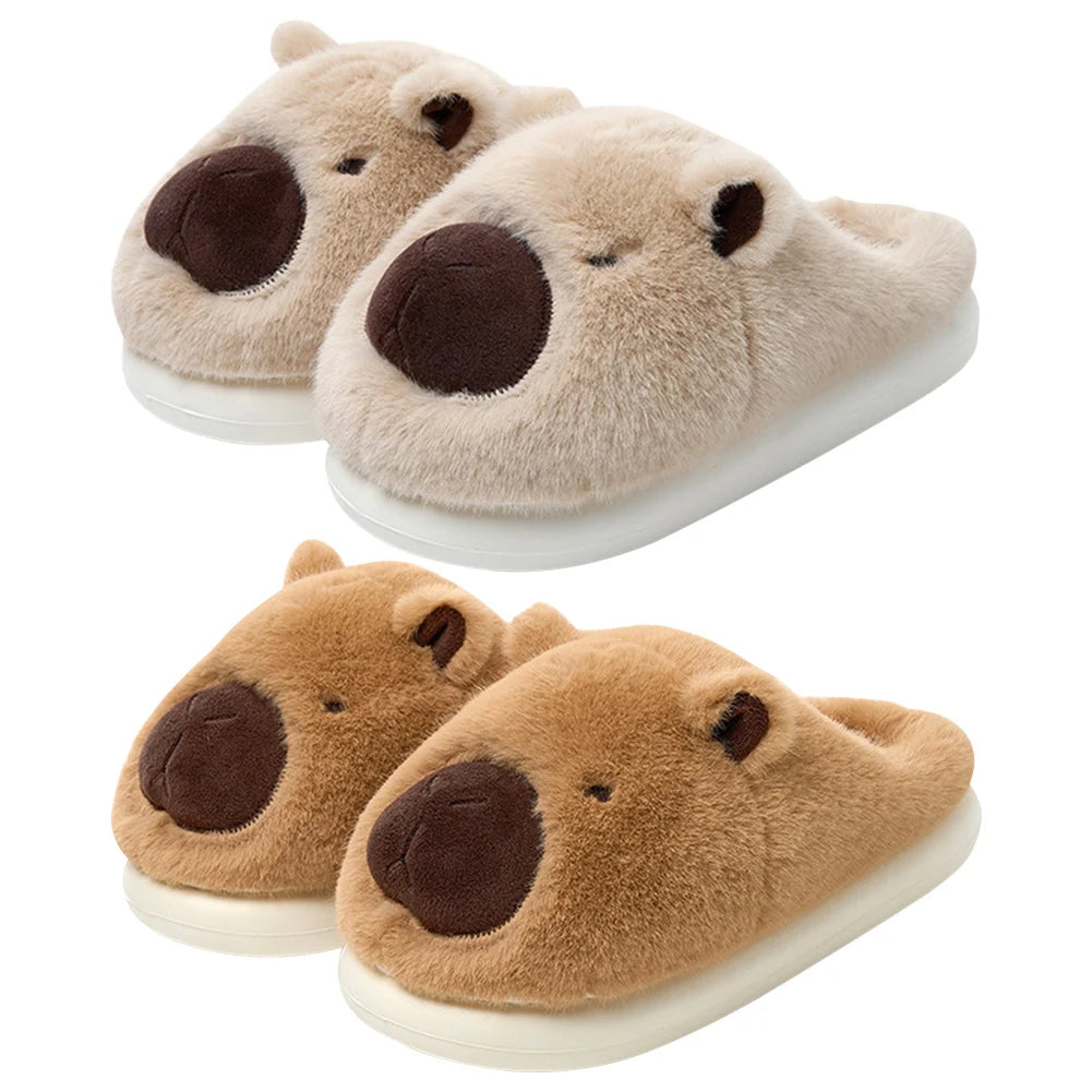 Niedliche Cartoon-Capybara-Hausschuhe, warme Winter-Baumwoll-Hausschuhe für Damen, rutschfest, bequem, pelzige Tier-Hausschuhe, Slip-on-Hausschuhe
