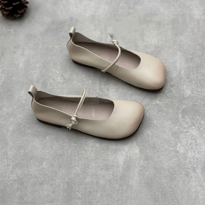 Johnature Genuine Leather Square Toe Women Flats Shoes 2025 Summer New Handmade Cowhide Solid Color Soft Sole Shoes