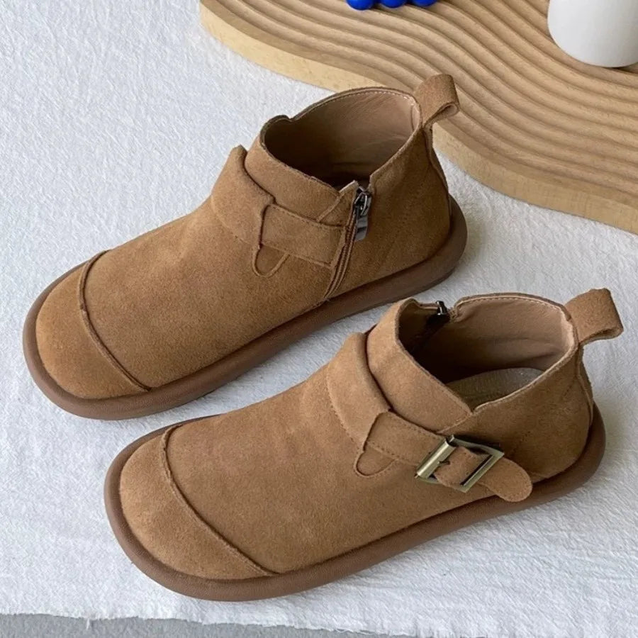 Bottes en daim de vache pour femmes, style rétro, en cuir de vache, style collège, polyvalentes, pour l'Angleterre, chaussures de neige simples et décontractées