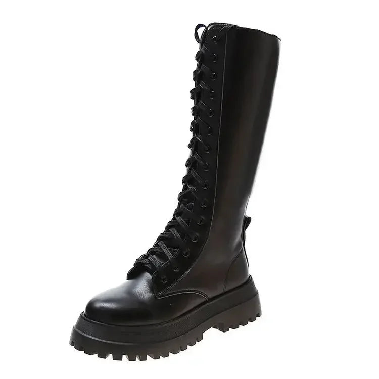 Bottes de chevalier plates hautes Maogu pour femmes, à lanières, fermeture éclair latérale, semelle épaisse, bout rond, longues, chaussures pour femmes, mode hiver 2024