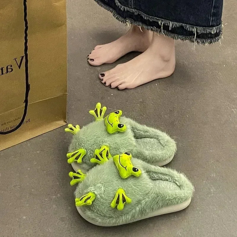 Winter Warm Lovely Frog Cotton Slippers Student Anti Slip Animals Home Platform Plush Slipper Women Funny Outdoor Shoes