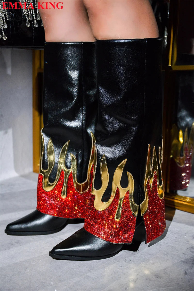 Flame Rhinestone Knee High Boots for Women 2023 Autumn Thick Heeled Pointed Toe Cowboy Boots Woman Slip On Western Long Boots