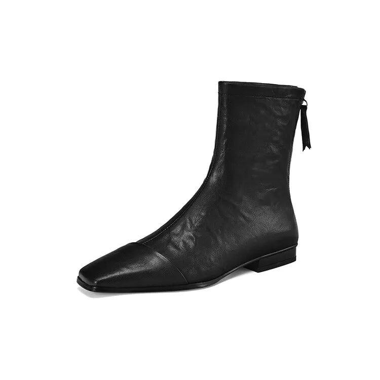 NEW Autumn/Winter Women Boots Square Toe Low Heel Shoes Genuine Leather Shoes for Women Concise Zipper Short Boots Modern Boots