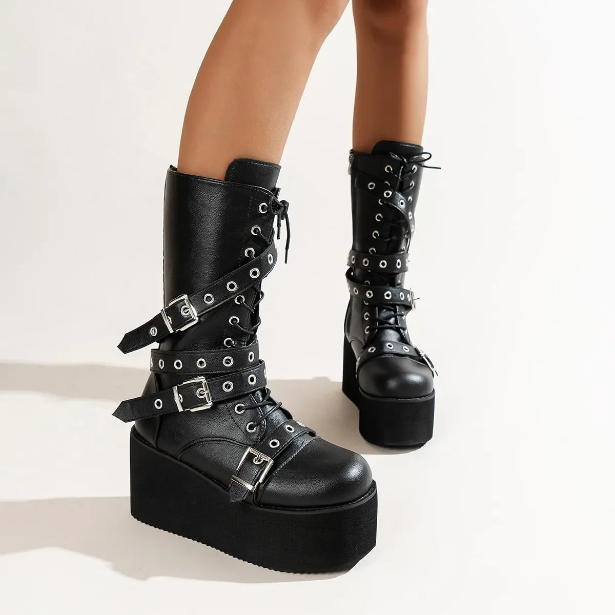 Bottes noires à lacets et bout rond pour femme, grande taille 43, style punk gothique, style urbain