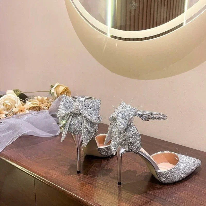 Sexy Big Butterfly Knot  High Heel Pumps Elegant Women's Shoes Pointed Toe Luxury Bling Upper Dress Heels Women Wedding Shoes