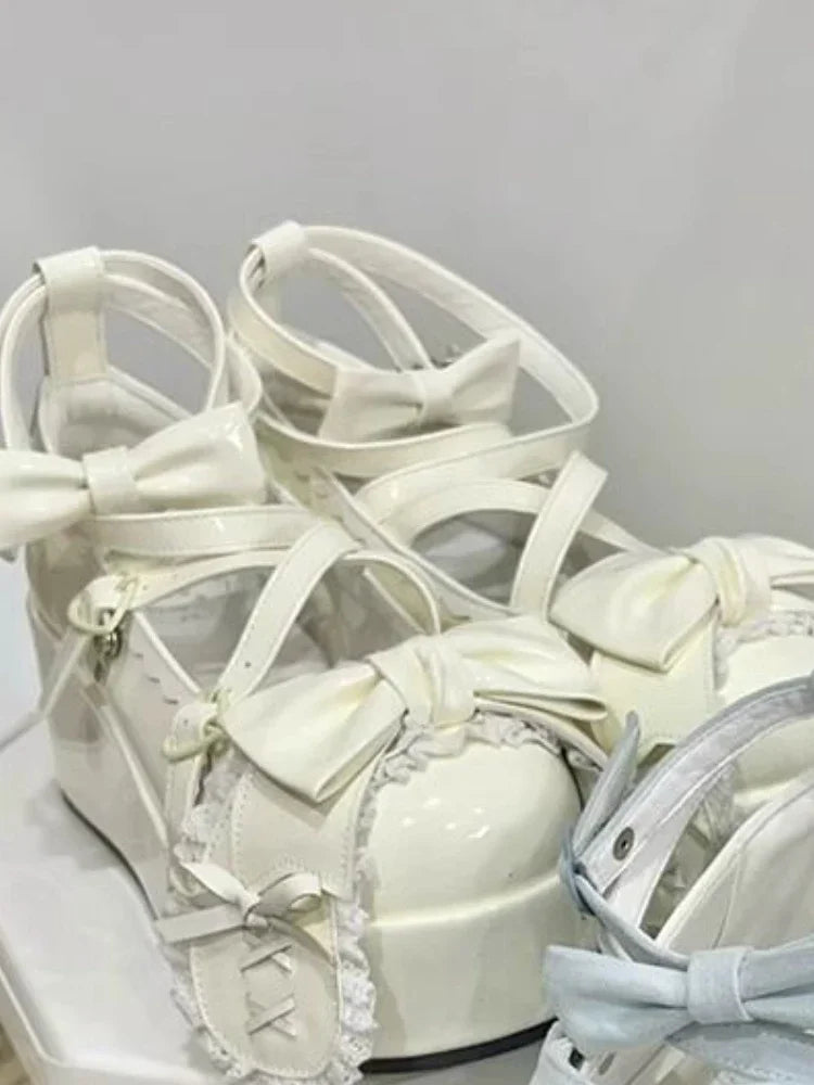 Chaussures Lolita à bride avec nœud d'été pour femmes, plateformes Mary Janes à nœud mignon, en cuir verni antidérapant, ballerines mignonnes 2024