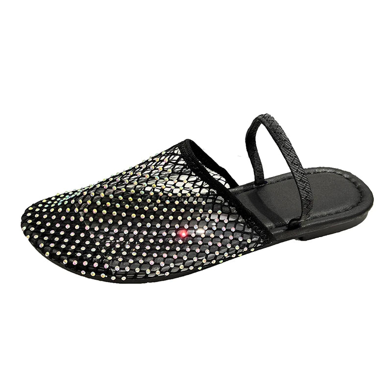 Nude Color Fishnet Mule Slides Woman Luxury Rhinestone Mesh Flat Sandals Ladies Summer Casual Net Shoes Plus Size