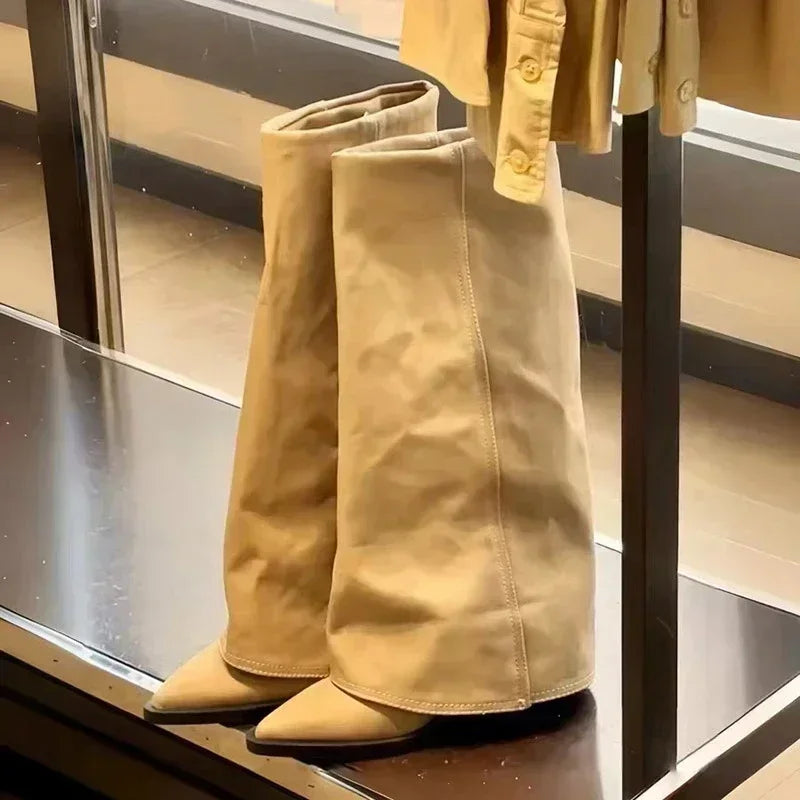 Bottes hautes en cuir épais pour femmes, chaussures à talons hauts et bout pointu, bottes Chelsea tendance, nouvelles escarpins, style gladiateur de neige