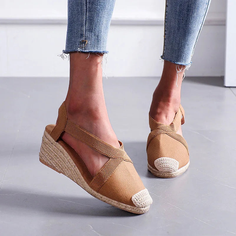 Sommer Damen Sandalen 2024 Stroh geflochten Keilabsatz Espadrille Sandalen Große Größe Damenschuhe Damen Gladiator Slingback Schuhe
