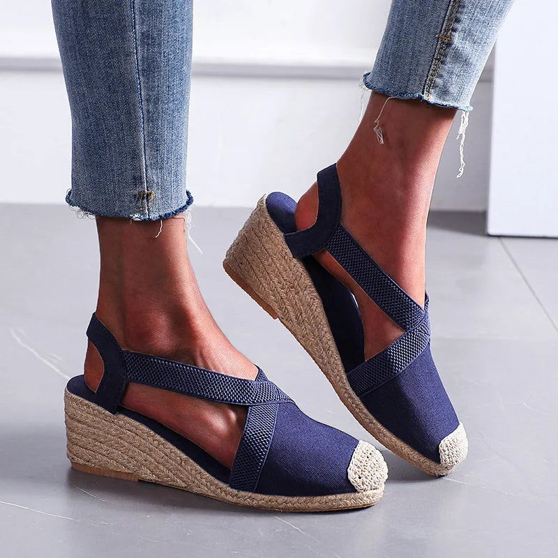 Sandales d'été pour femmes 2024, talons compensés tressés en paille, sandales espadrilles, grandes tailles, chaussures pour femmes, chaussures de gladiateur à bride arrière