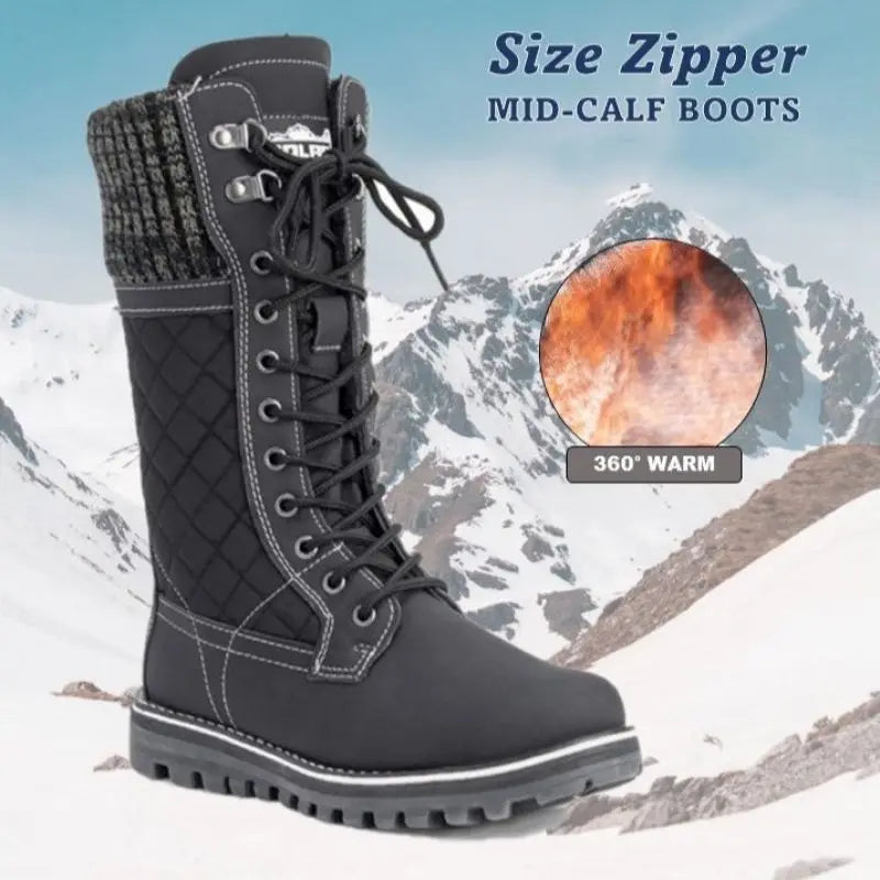 Waterproof women's winter boots with faux fur thermal Women Boots Mid-calf Wedge High Heel Platform Lace Up Zip Ladies Pumps Fem