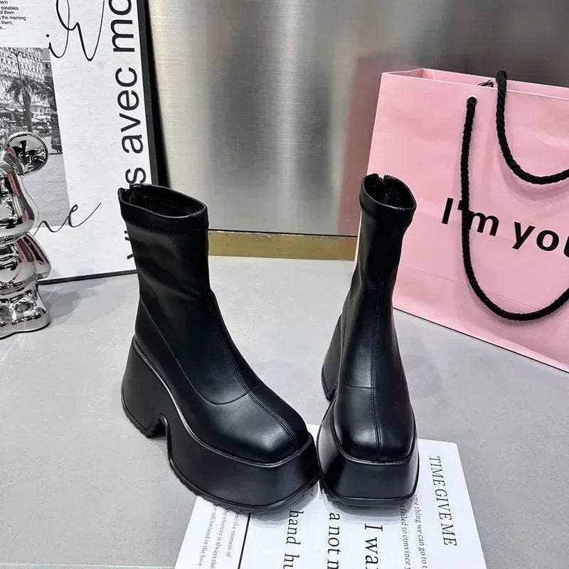 New Women Shoes Fashion Back Zippers High Platform Thick Sole Shoe Ladies Elegant Short Bootties Lady Winter Punk Short Boots