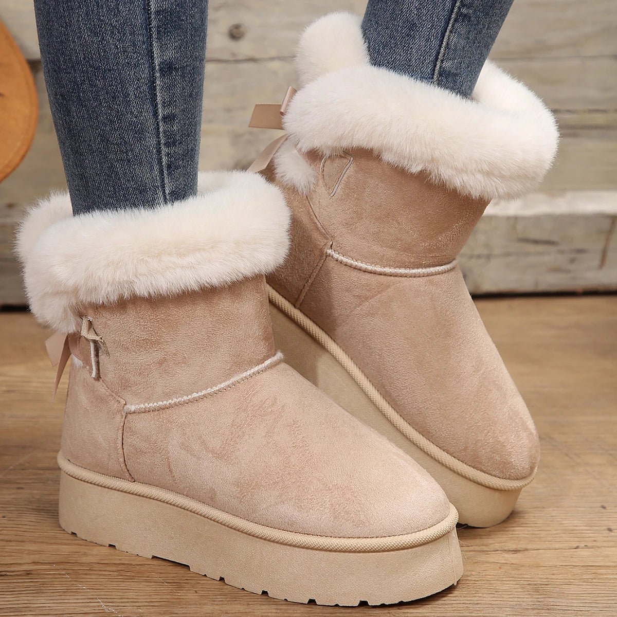 Bottes de neige en fourrure pour femme 2024, nouvelles chaussures d'hiver à la mode, tube court, nœud papillon, chaussures d'extérieur épaisses et chaudes à plateforme, bottines