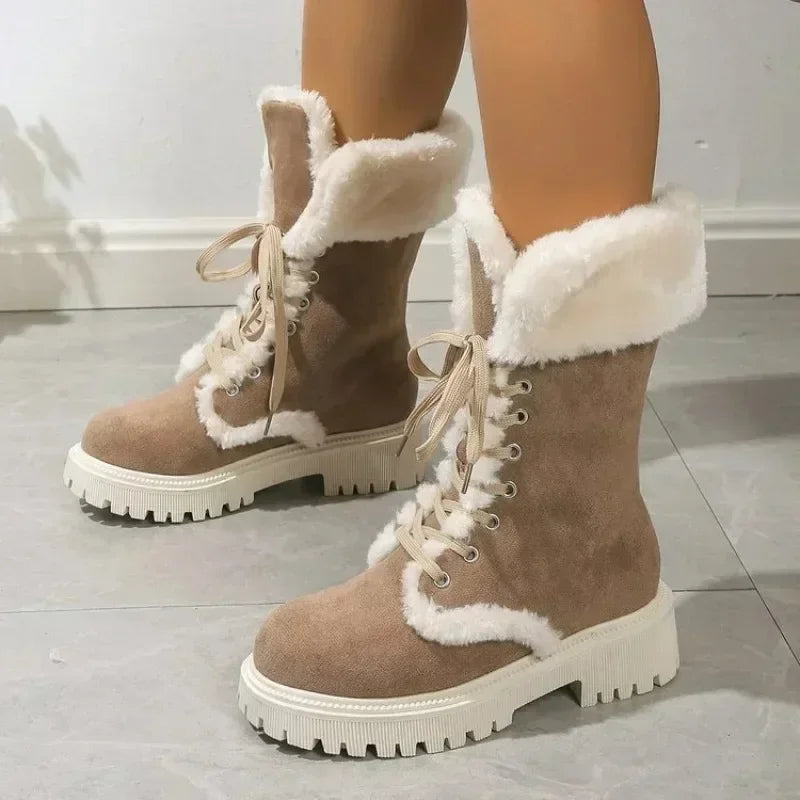 Verdicken Sie Plüsch-Winter-Schneestiefel für Damen 2023 Pelz-Plateaustiefel Damen-Schneestiefel mit mittlerer Wade und Schnürung für Damen Warme Baumwollschuhe
