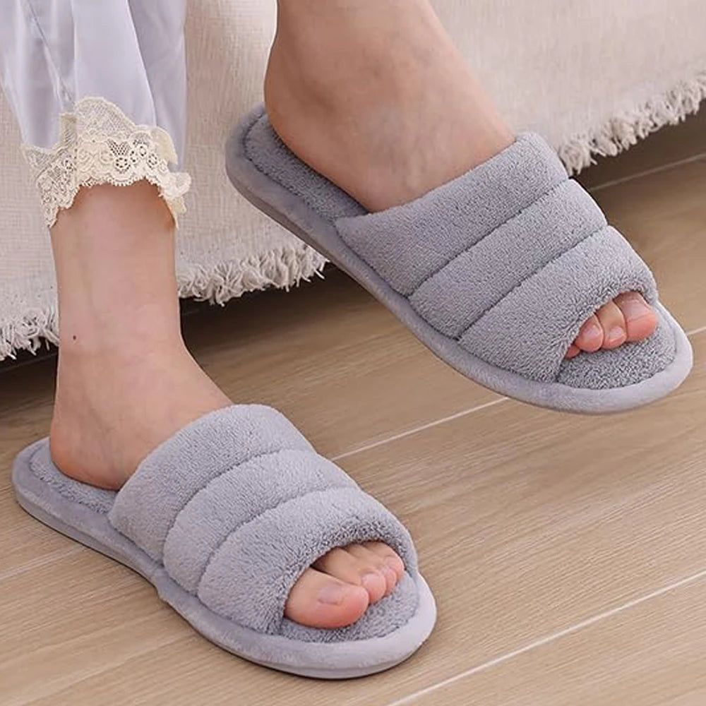 Chaussons Comwarm en peluche pour femmes et hommes, chaussures ouvertes en coton confortables, sandales plates, respirantes et antidérapantes pour l'intérieur et l'extérieur