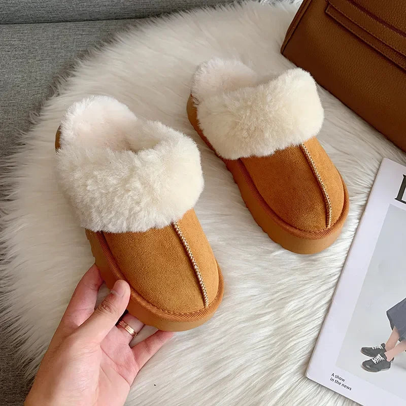Pantoufles en fourrure pour femmes, sandales d'hiver en peluche, de luxe, à plateforme, à semelle épaisse, en coton, chaussures de maison