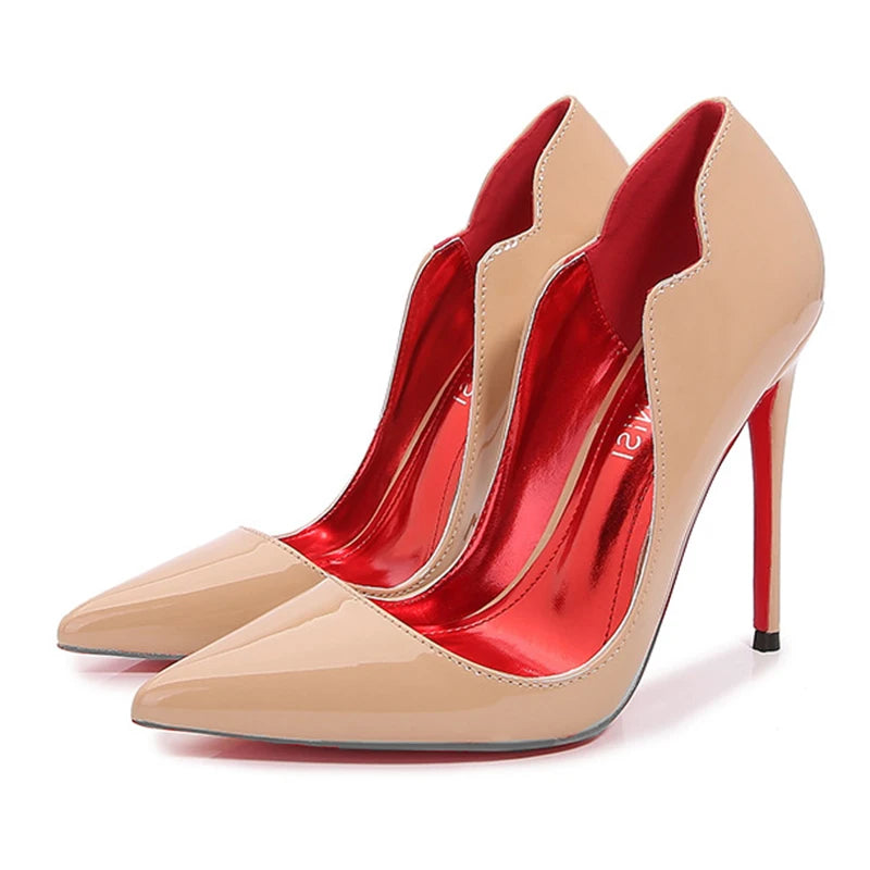 Newly Women Sexy Elegant Pumps Stilettos Glossy Patent Side V Cut High Heels Pointed Toe Party Curl Cut Celebrity Shoes Size46