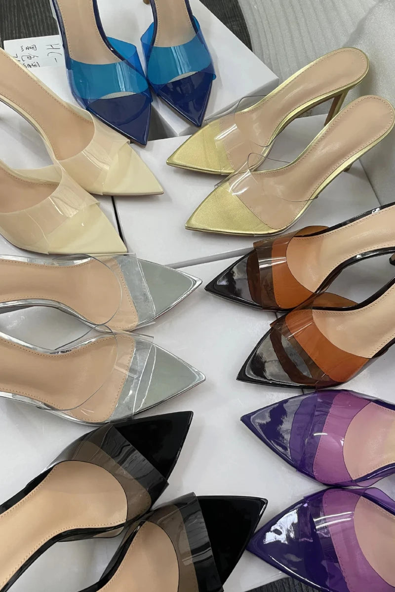 Neue Sommer-Sandalen für Damen mit hohen Absätzen, einfache, transparente Hausschuhe mit hohen Absätzen, Stiletto-Spitze, offene Hausschuhe, Pantoletten
