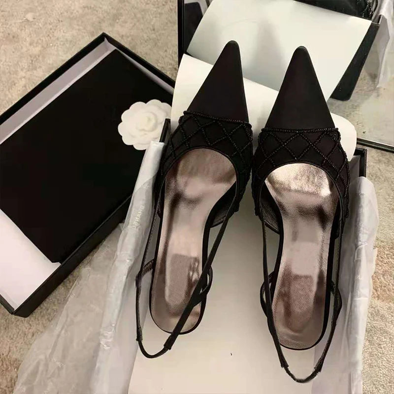 Socialite-style Beaded Quilted Pointed Toe French High Heels Summer New Silk Stiletto Heel Back Strap Sandals