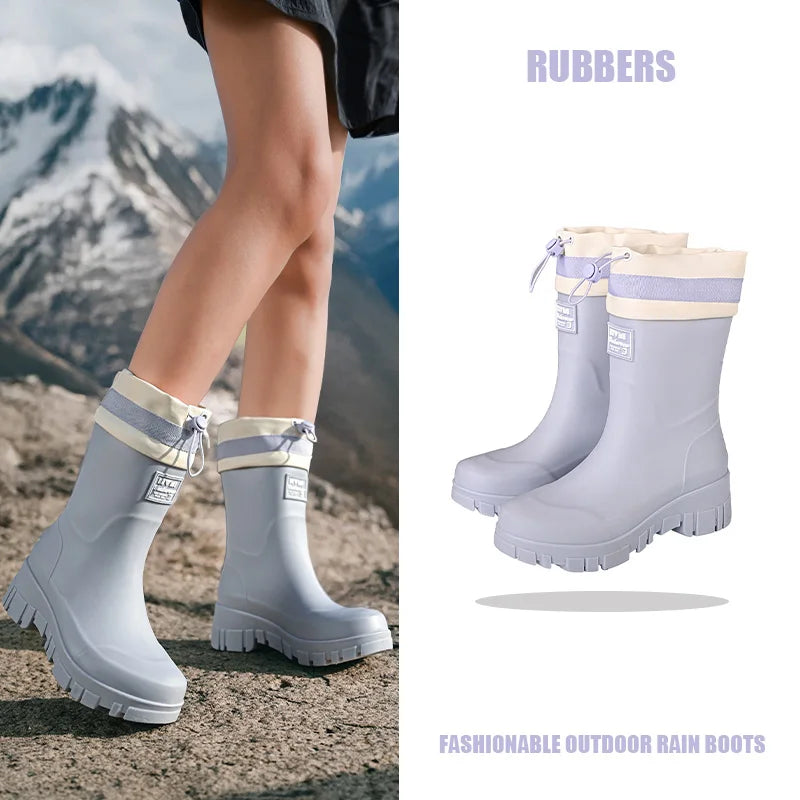 Solid Big Men Women Outdoor Tide Non-slip Waterproof Parent-Child Rain Boots Children Hundred Couple Adjustable Drawstring