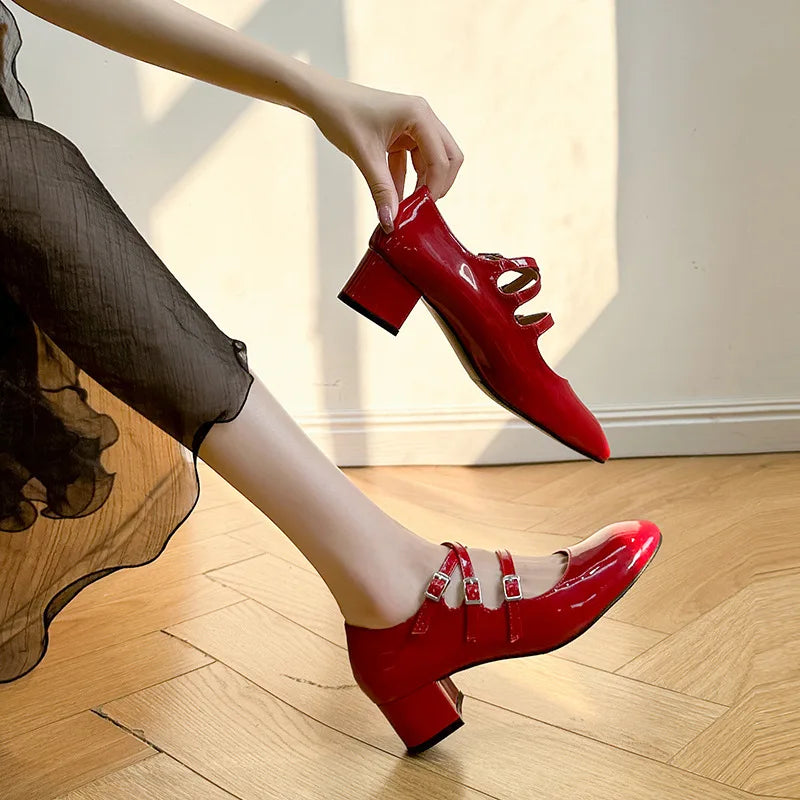 Square Heels Mary Janes Square Toe Med Heels Flats Spring/Autumn Solid Color Women's Shoes Buckle Strap Fashion Ladies Shoes