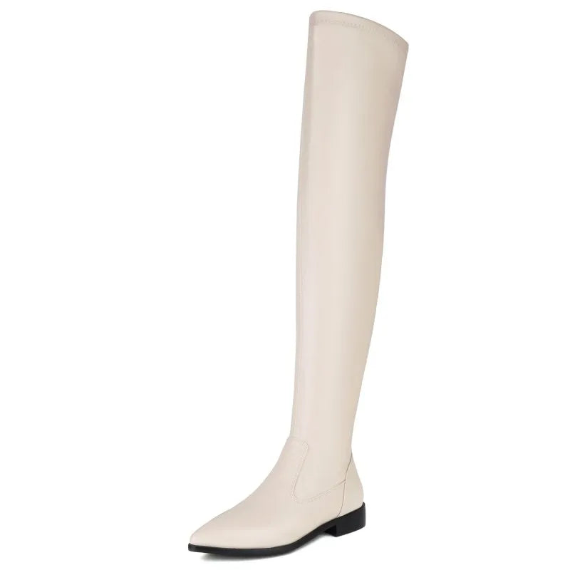 Elastic Thigh High Boots Women Soft Stretch Black Beige Over the Knee Boot Low Heels 2024 Autumn Winter Shoes Lady Large Size 48